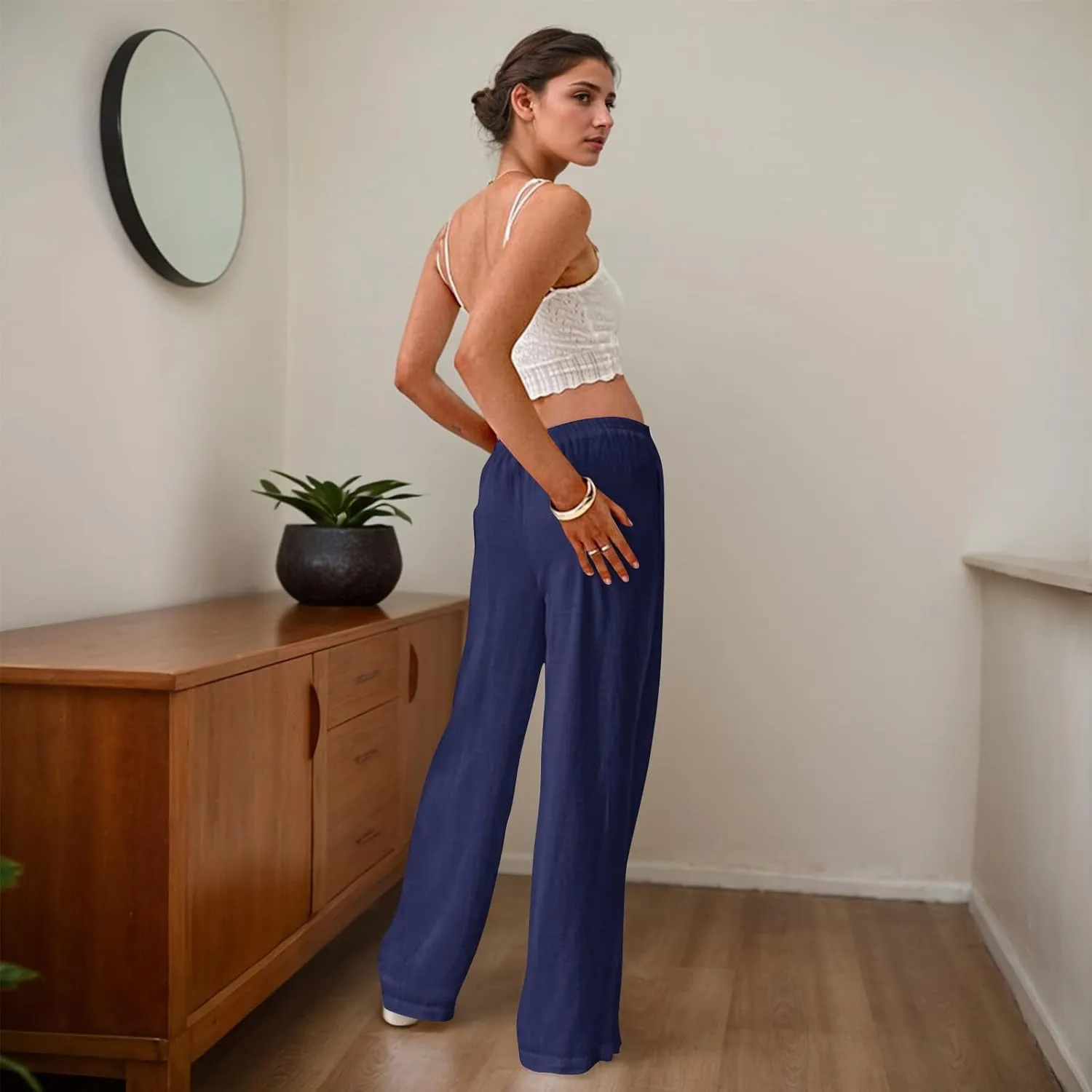 Women Linen Pants Summer Wide Leg Pants with Pockets Boho Beach Pants High Waist Drawstring Flowy Palazzo Pants