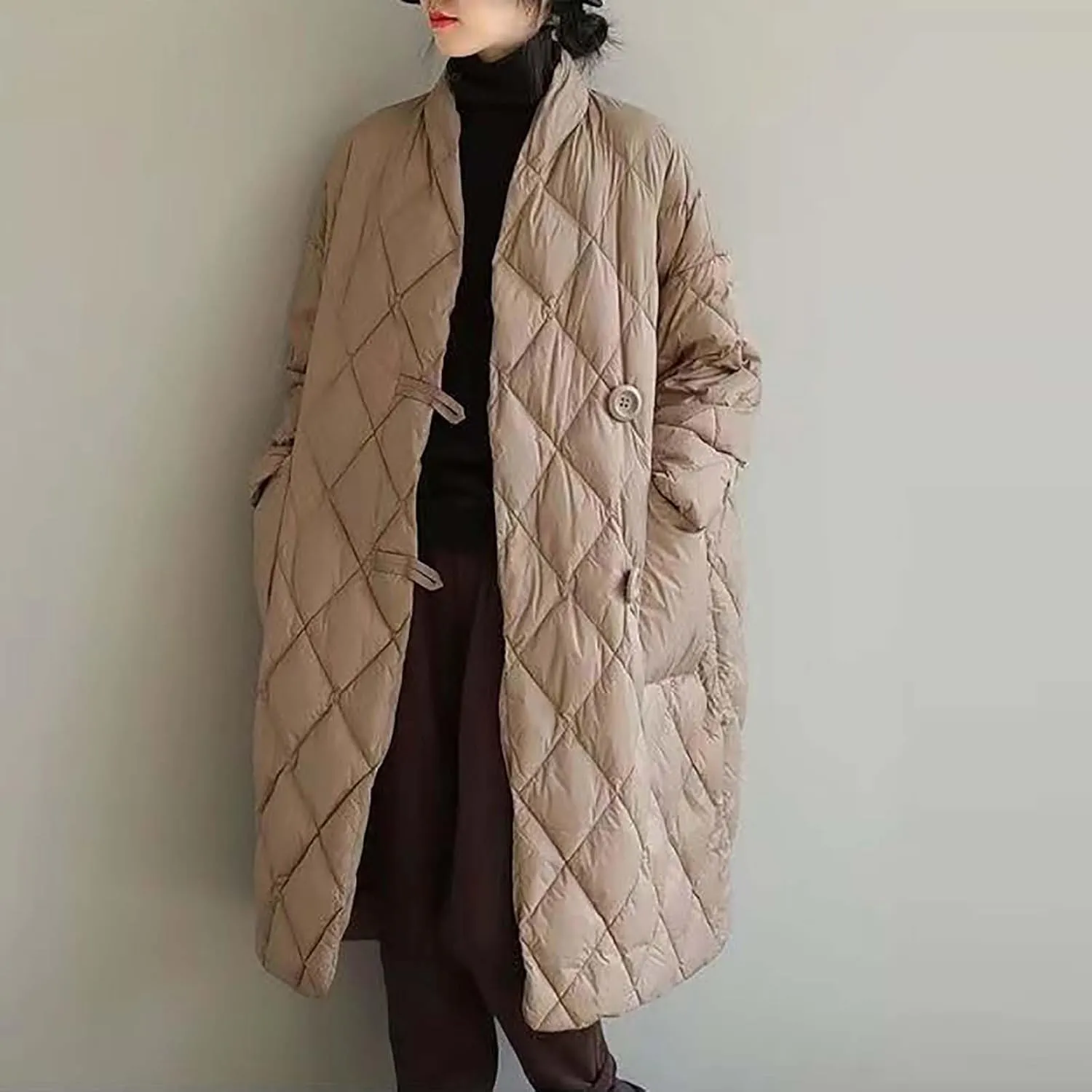 Women Long Baggy Winter Puffer Coats Collarless Cotton-Padded Jacket Button Long Sleeve Pockets Warm Quilted Outerwear