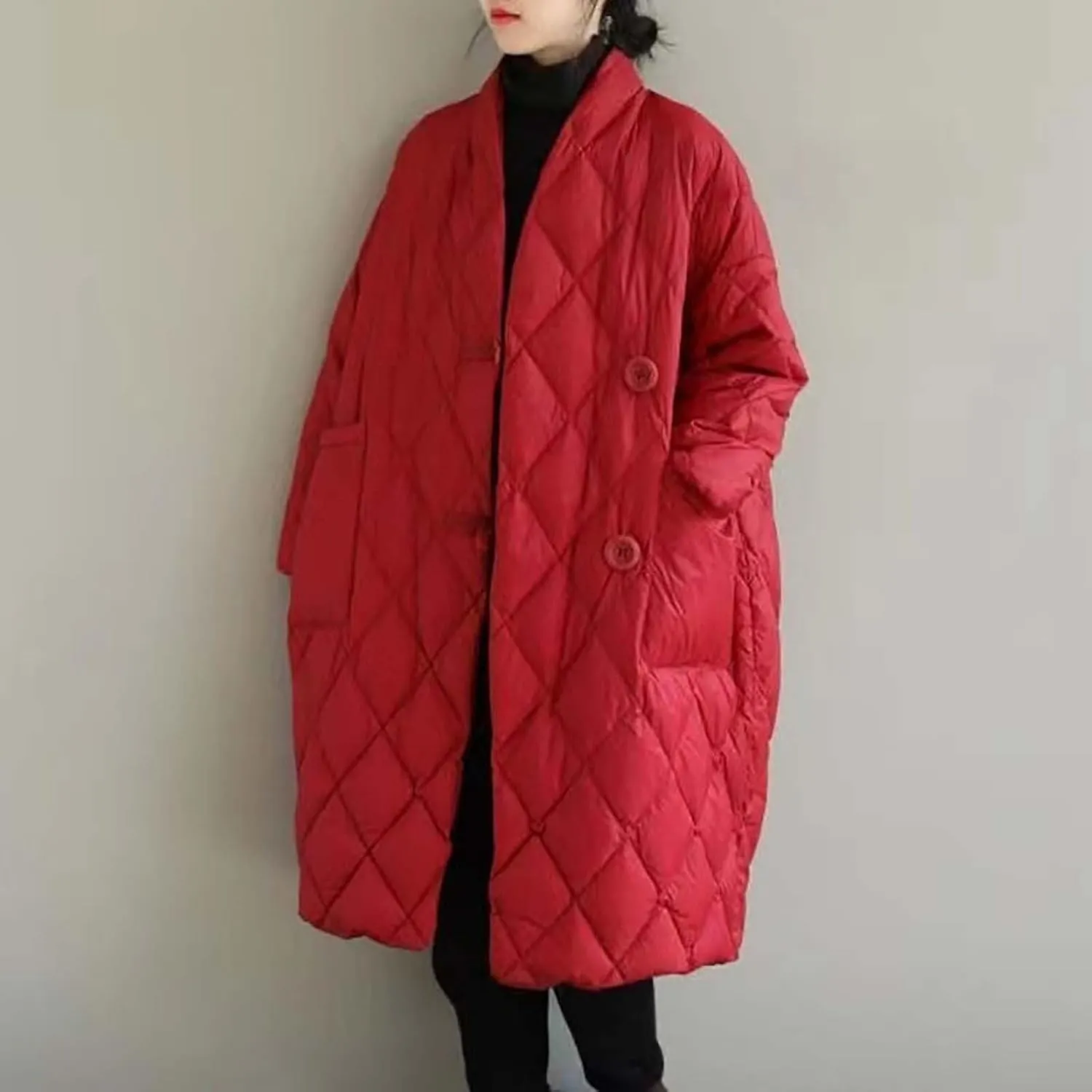 Women Long Baggy Winter Puffer Coats Collarless Cotton-Padded Jacket Button Long Sleeve Pockets Warm Quilted Outerwear