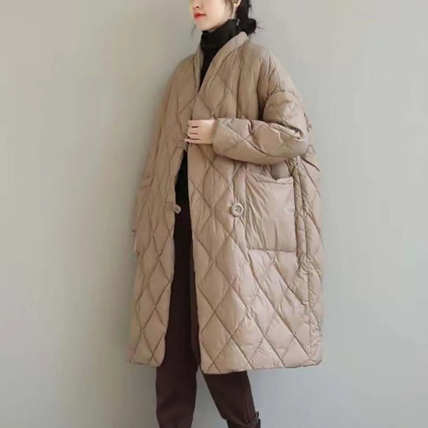 Women Long Baggy Winter Puffer Coats Collarless Cotton-Padded Jacket Button Long Sleeve Pockets Warm Quilted Outerwear