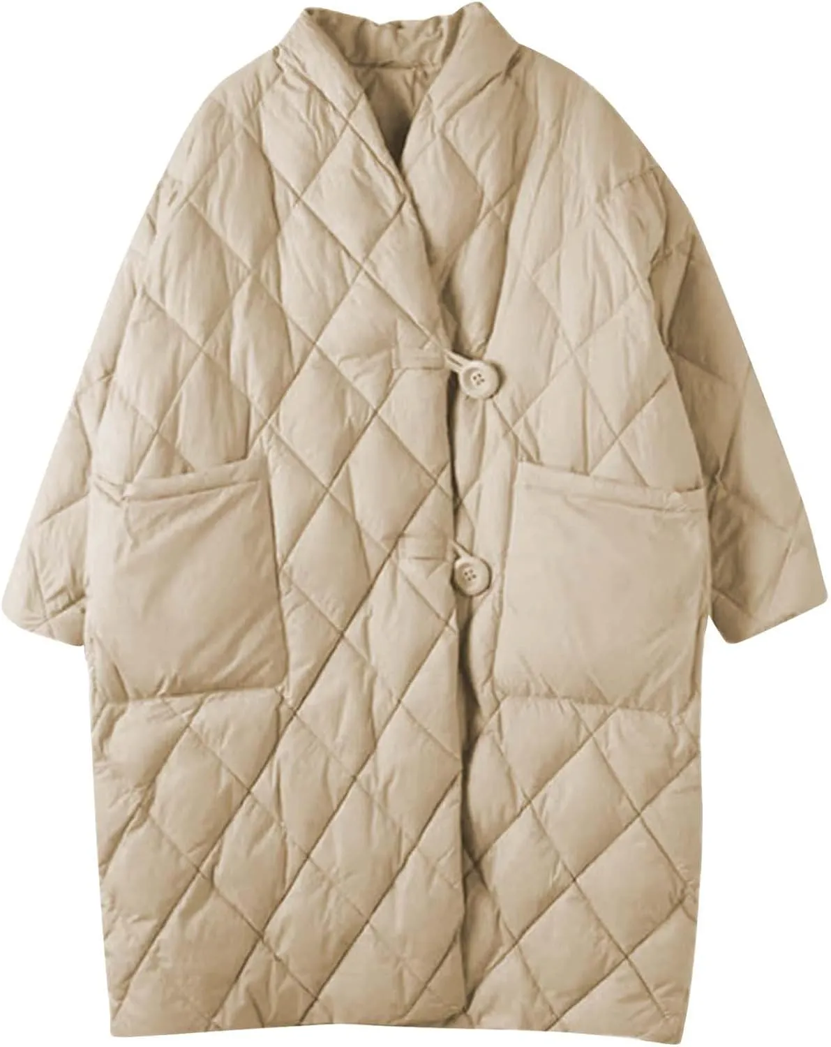 Women Long Baggy Winter Puffer Coats Collarless Cotton-Padded Jacket Button Long Sleeve Pockets Warm Quilted Outerwear