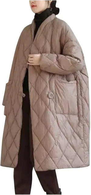 Women Long Baggy Winter Puffer Coats Collarless Cotton-Padded Jacket Button Long Sleeve Pockets Warm Quilted Outerwear