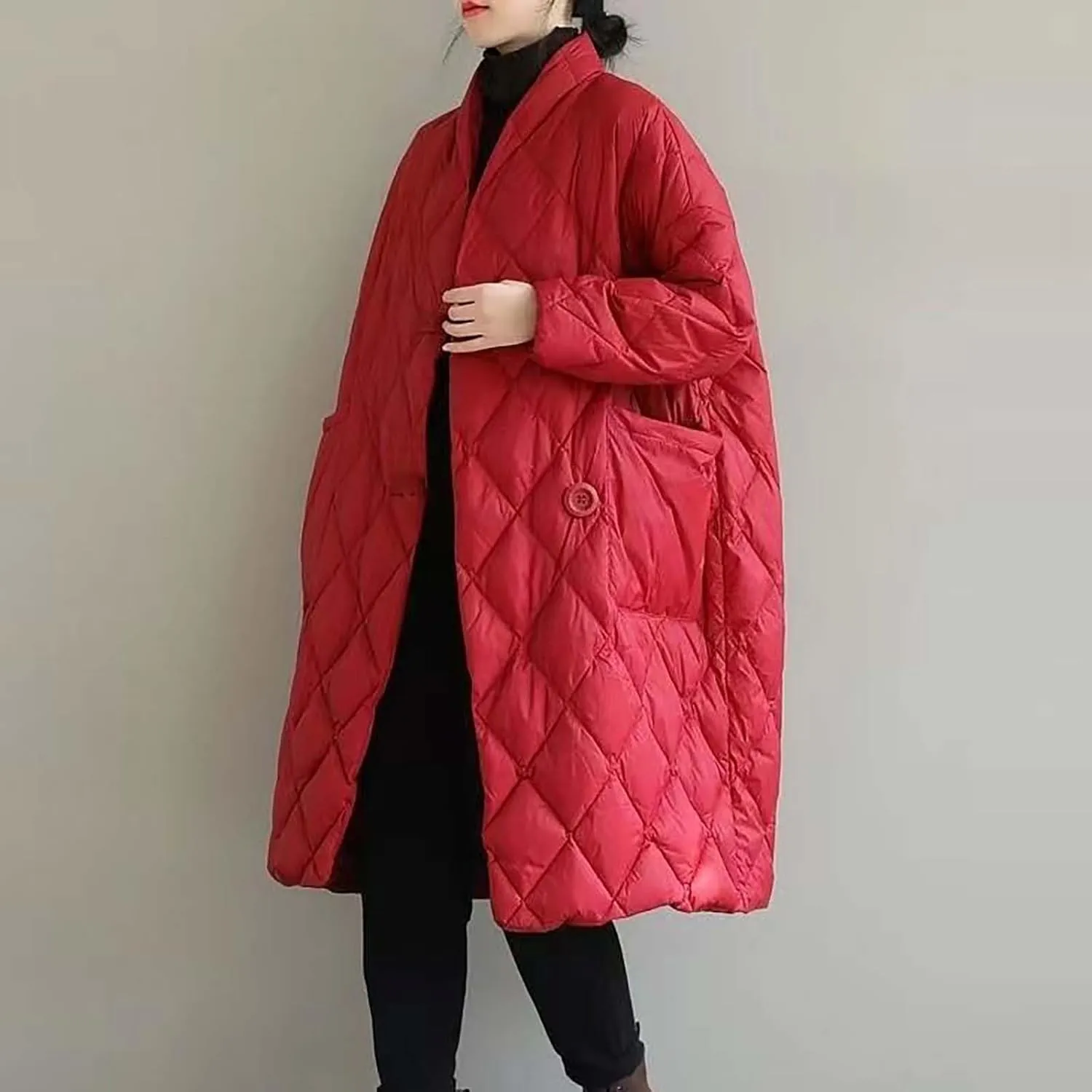 Women Long Baggy Winter Puffer Coats Collarless Cotton-Padded Jacket Button Long Sleeve Pockets Warm Quilted Outerwear