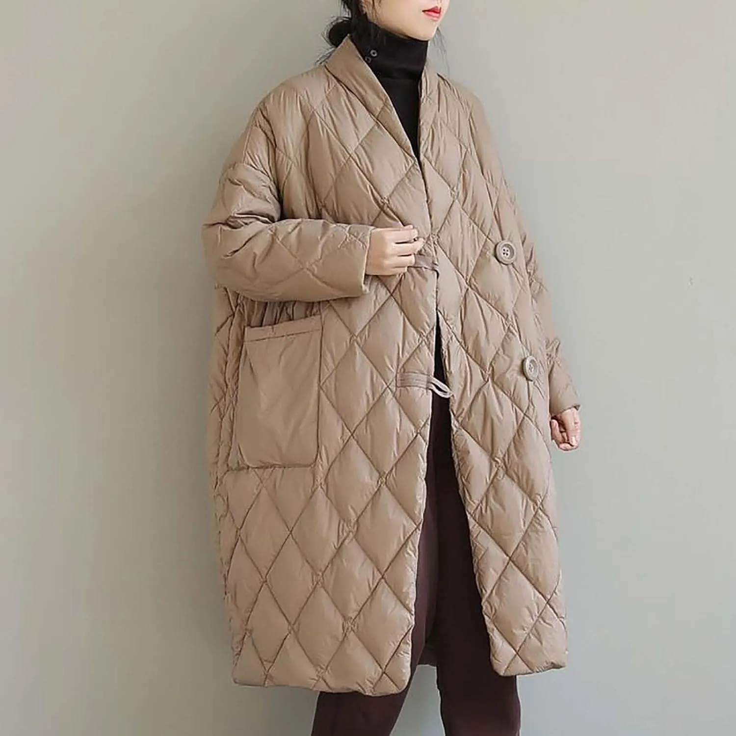 Women Long Baggy Winter Puffer Coats Collarless Cotton-Padded Jacket Button Long Sleeve Pockets Warm Quilted Outerwear