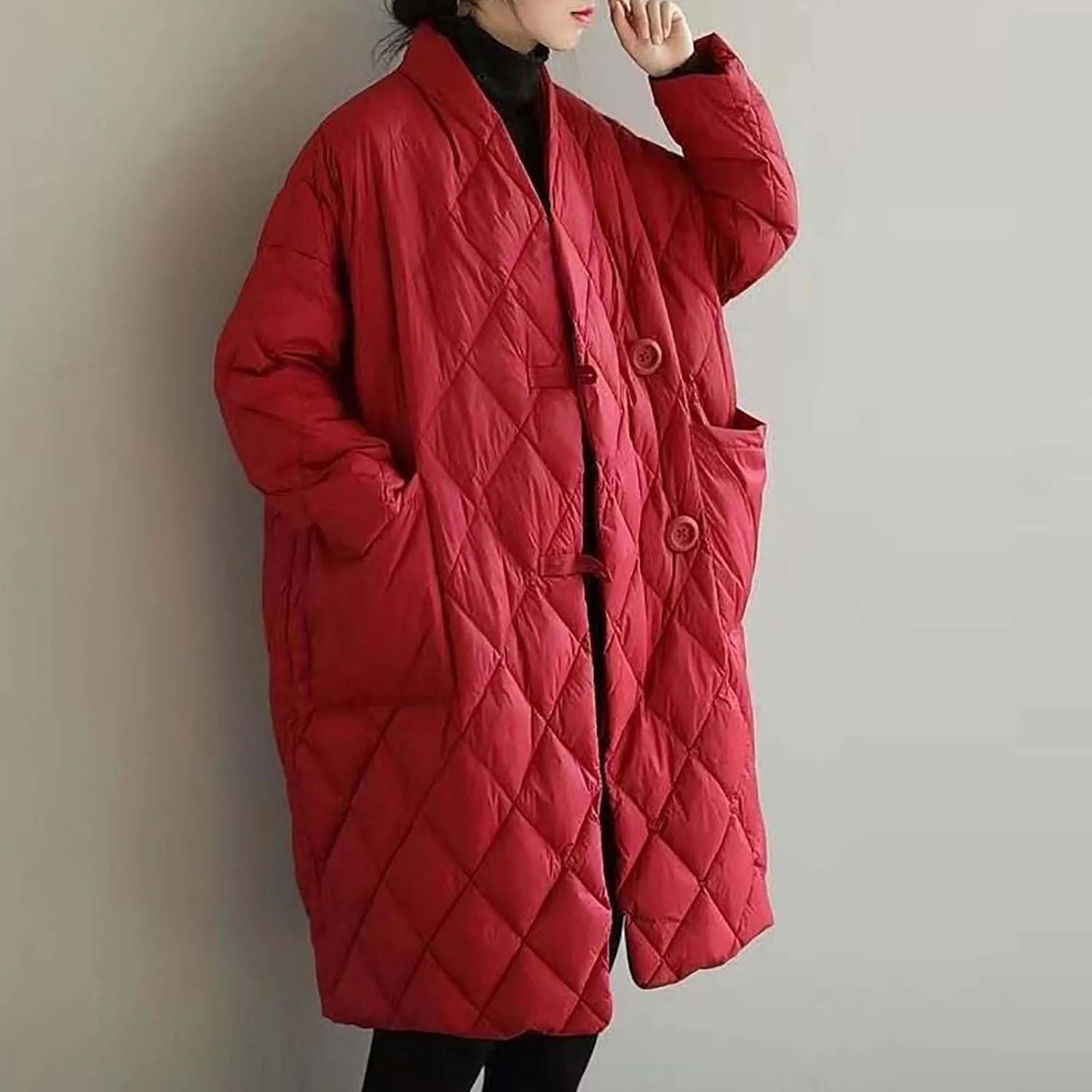 Women Long Baggy Winter Puffer Coats Collarless Cotton-Padded Jacket Button Long Sleeve Pockets Warm Quilted Outerwear