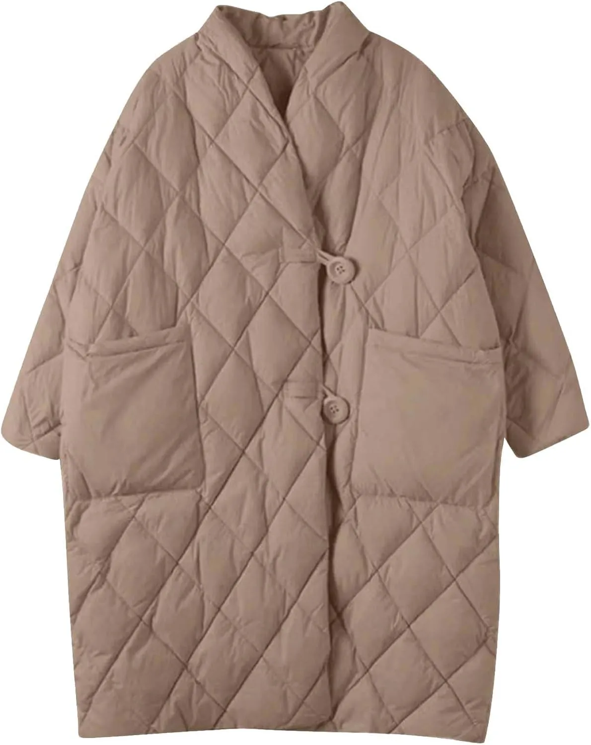 Women Long Baggy Winter Puffer Coats Collarless Cotton-Padded Jacket Button Long Sleeve Pockets Warm Quilted Outerwear