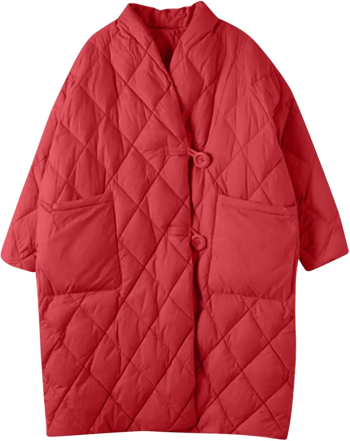 Women Long Baggy Winter Puffer Coats Collarless Cotton-Padded Jacket Button Long Sleeve Pockets Warm Quilted Outerwear