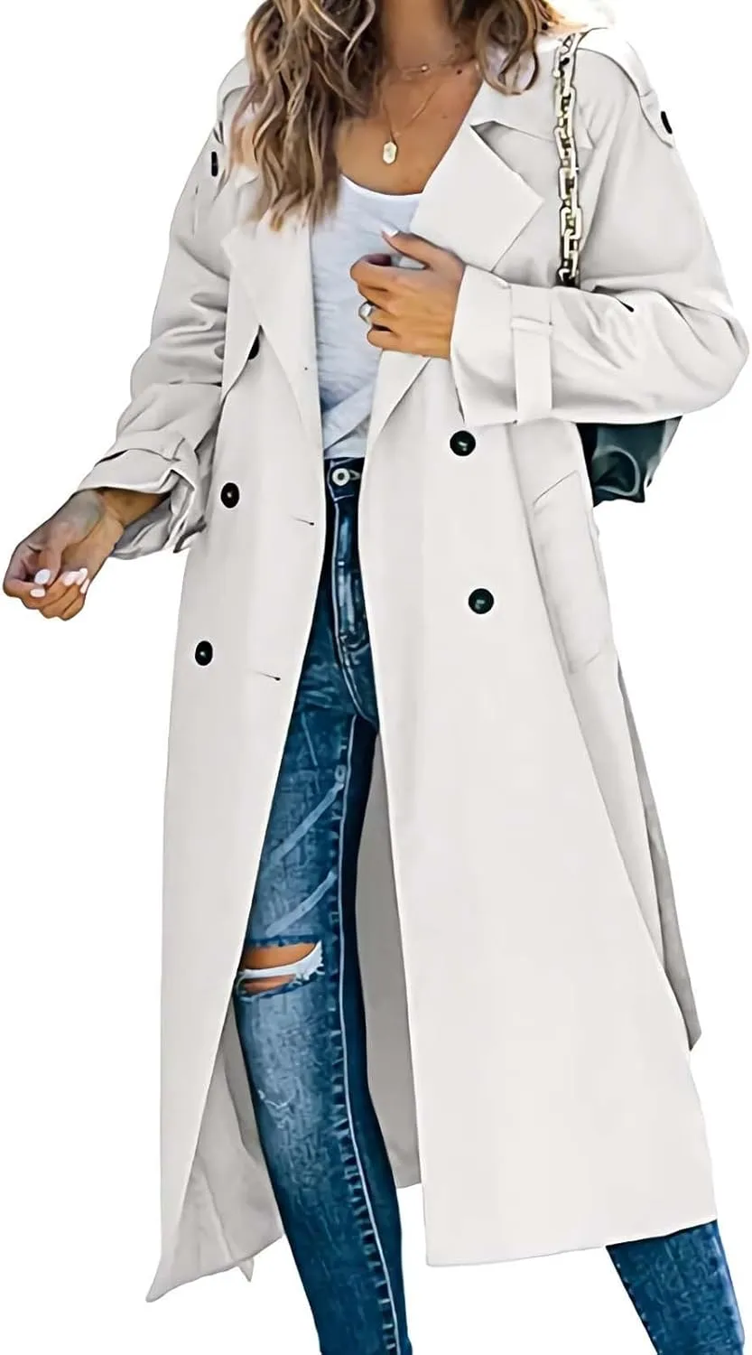 Women Notch Lapel Collar Trench Coats Open Front Cardigan Double Breasted Jacket Casual Long Peacoat 2022 Trendy Clothes