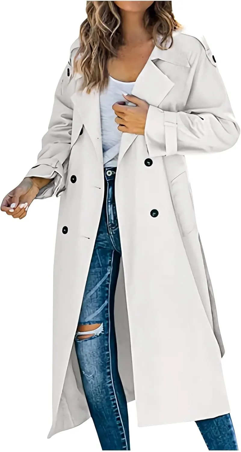 Women Notch Lapel Collar Trench Coats Open Front Cardigan Double Breasted Jacket Casual Long Peacoat 2022 Trendy Clothes