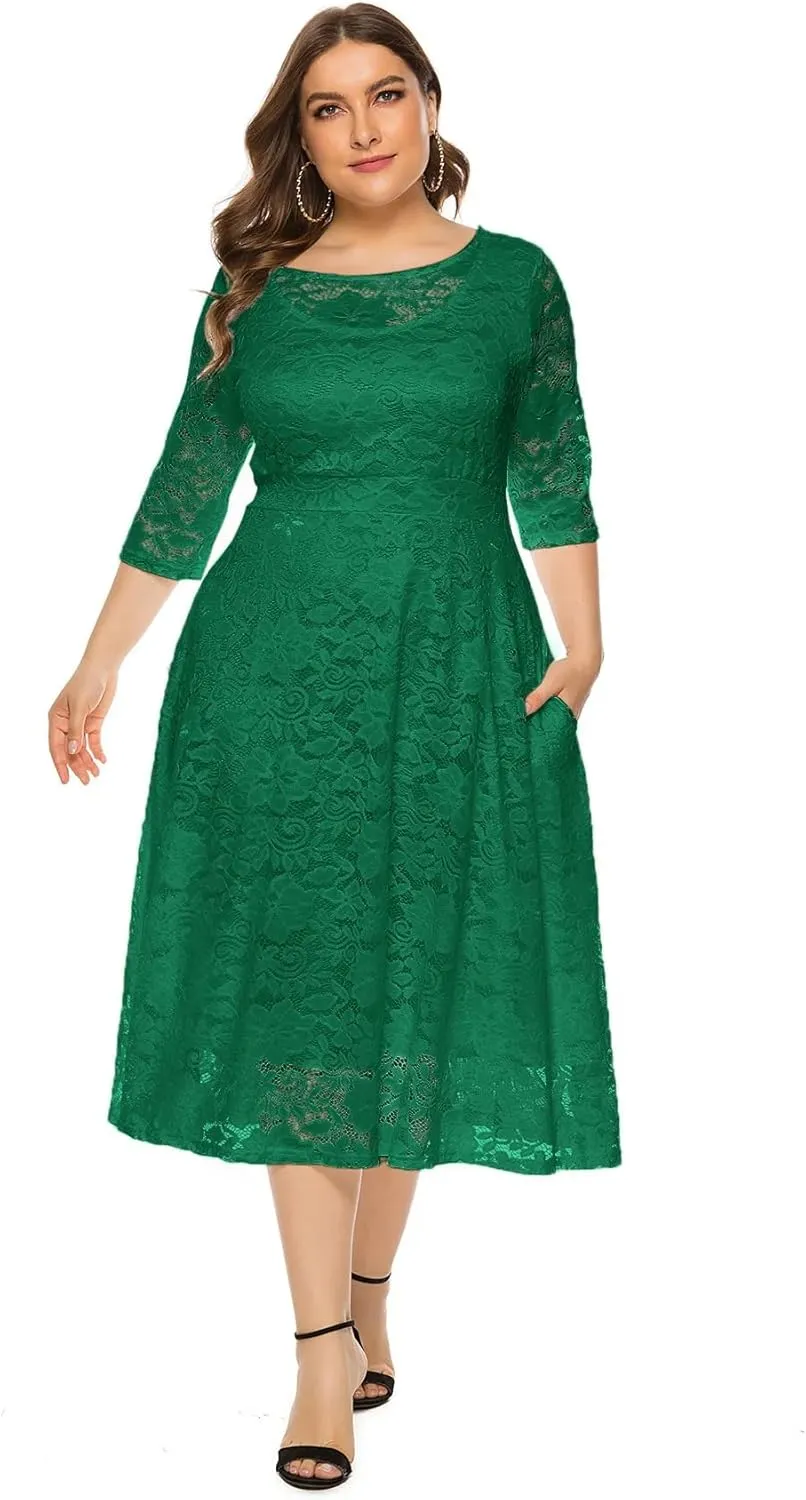 Women Plus Size Midi Lace Dress Round Neck Cocktail Formal Dress