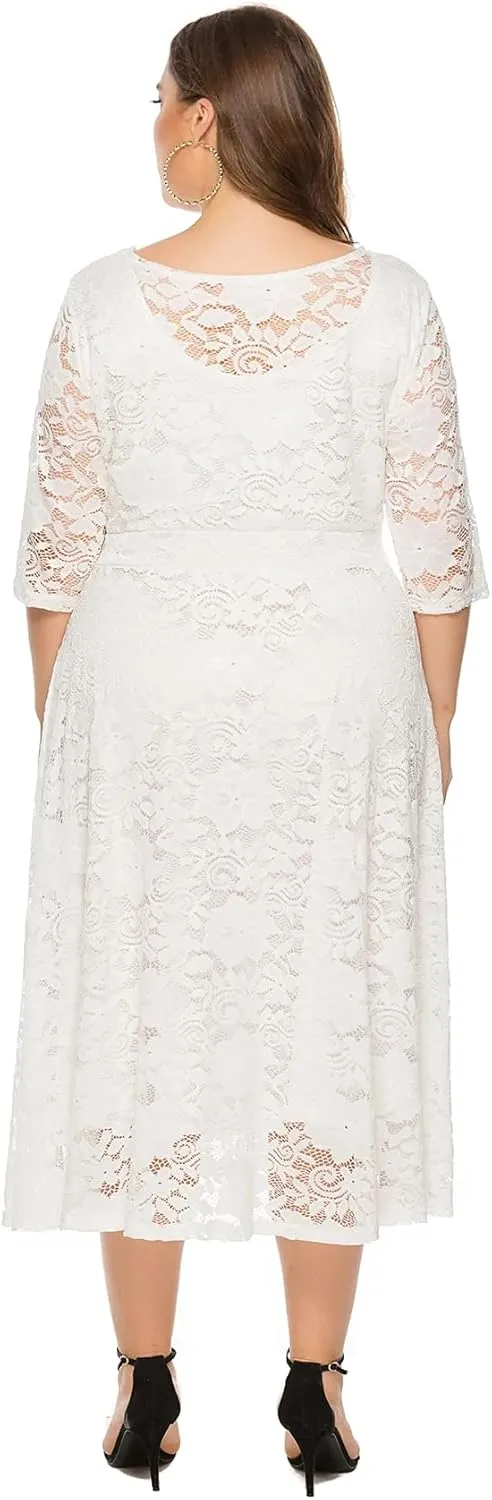 Women Plus Size Midi Lace Dress Round Neck Cocktail Formal Dress