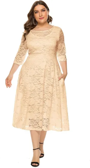 Women Plus Size Midi Lace Dress Round Neck Cocktail Formal Dress