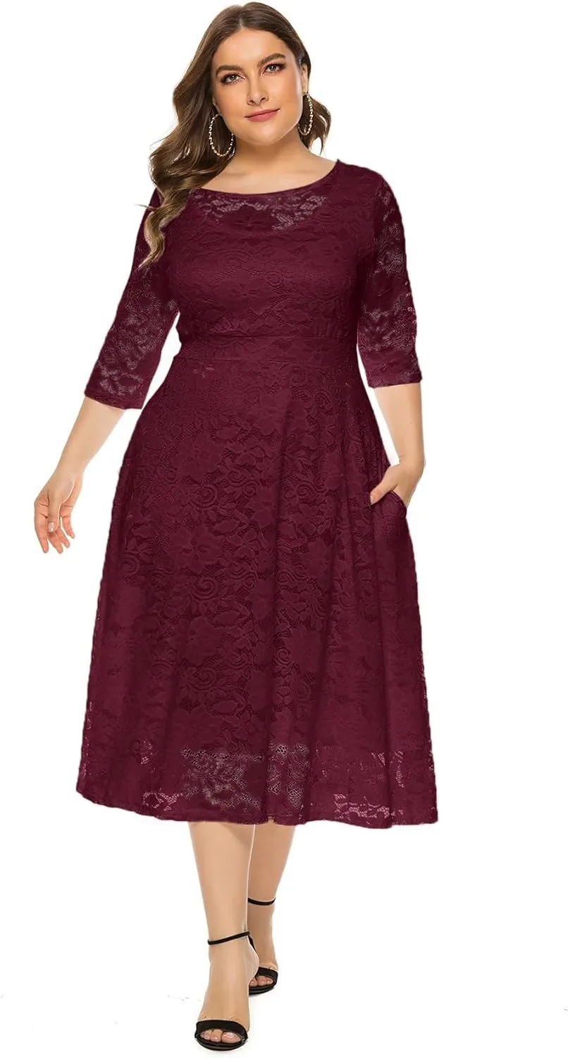 Women Plus Size Midi Lace Dress Round Neck Cocktail Formal Dress