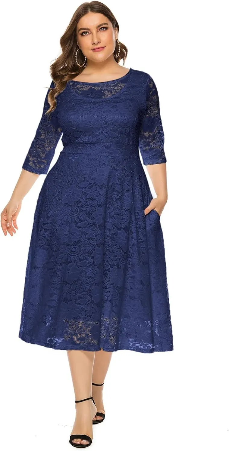 Women Plus Size Midi Lace Dress Round Neck Cocktail Formal Dress