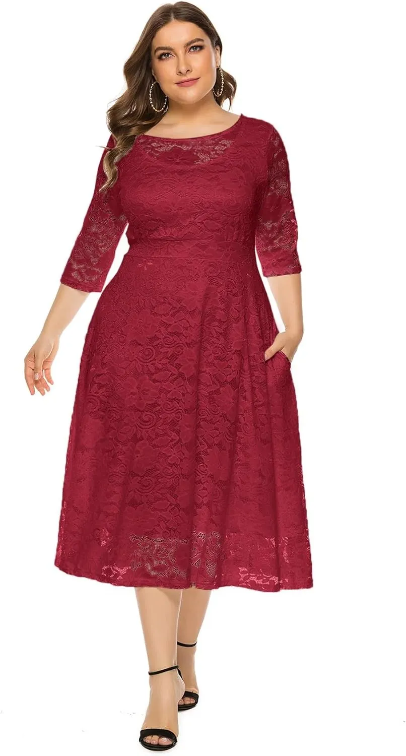 Women Plus Size Midi Lace Dress Round Neck Cocktail Formal Dress