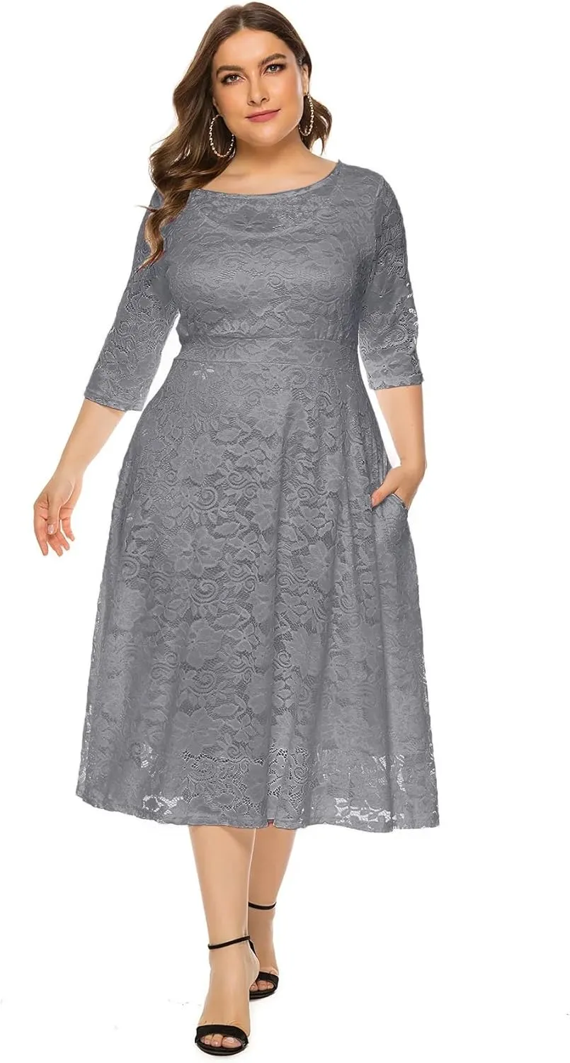 Women Plus Size Midi Lace Dress Round Neck Cocktail Formal Dress