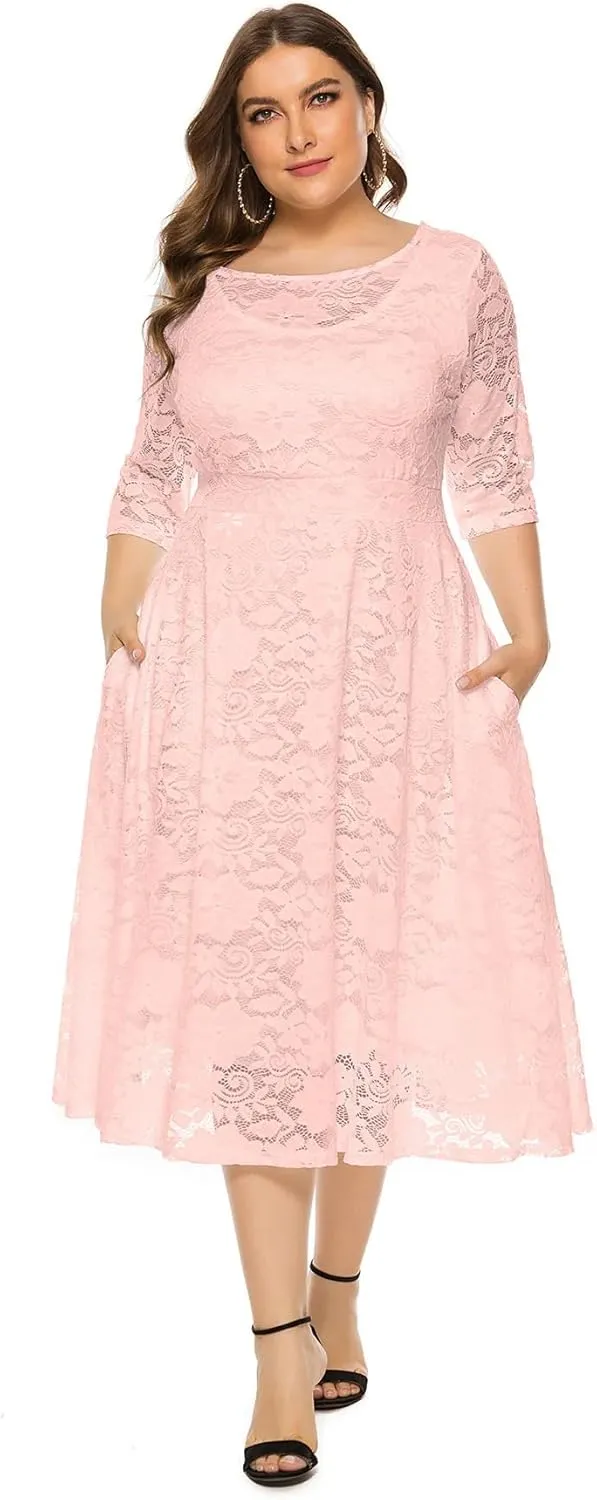 Women Plus Size Midi Lace Dress Round Neck Cocktail Formal Dress