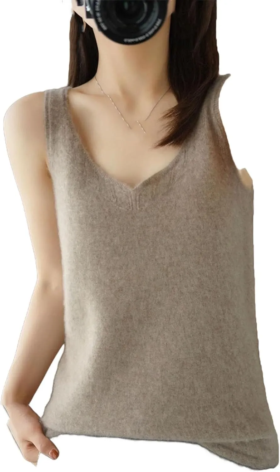 Women Pore Wool V-Neck Vest Cardigan Sleeveless Sweater Soft Simple Style Cashmere Knitwear Camisole