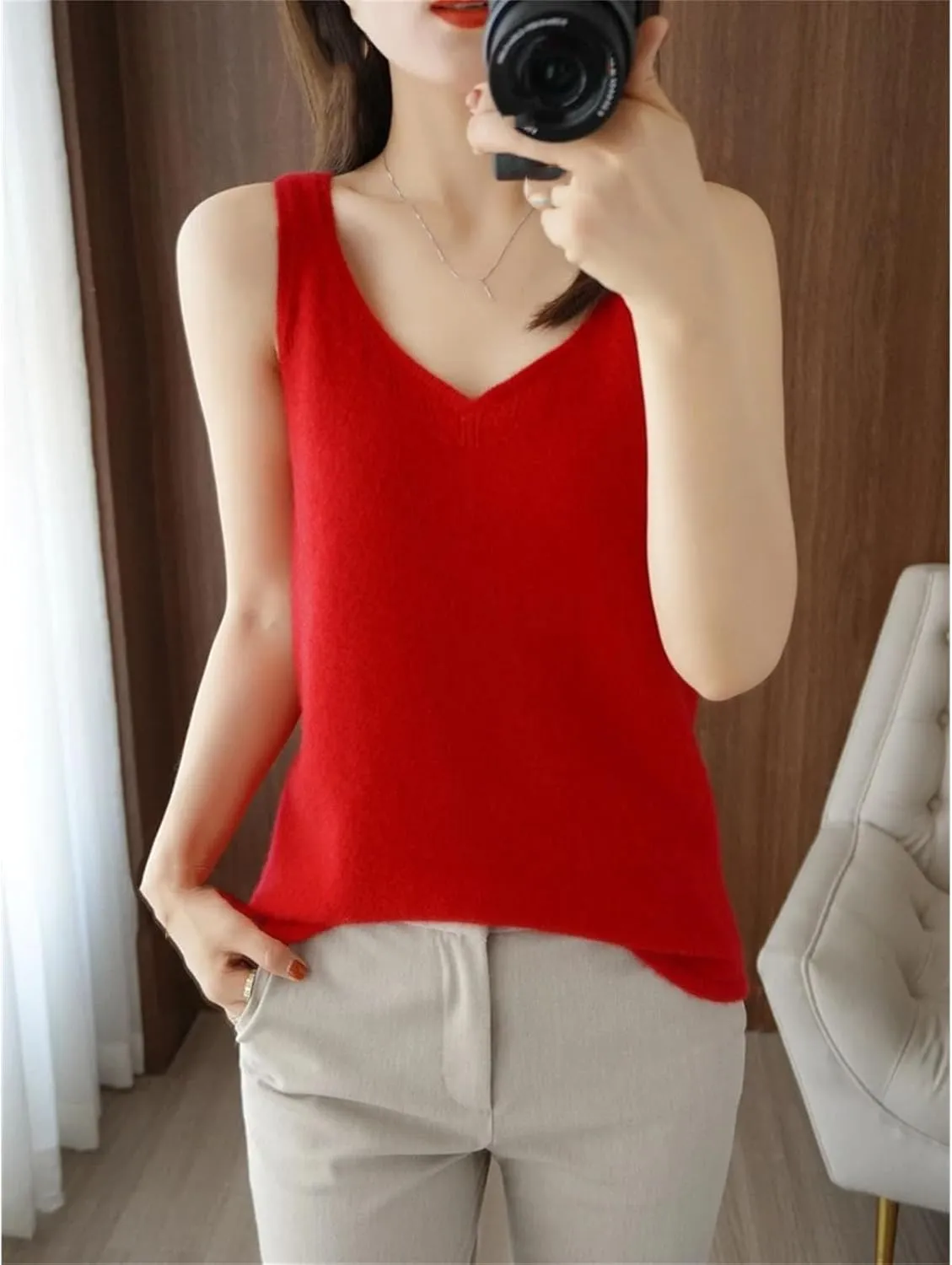 Women Pore Wool V-Neck Vest Cardigan Sleeveless Sweater Soft Simple Style Cashmere Knitwear Camisole