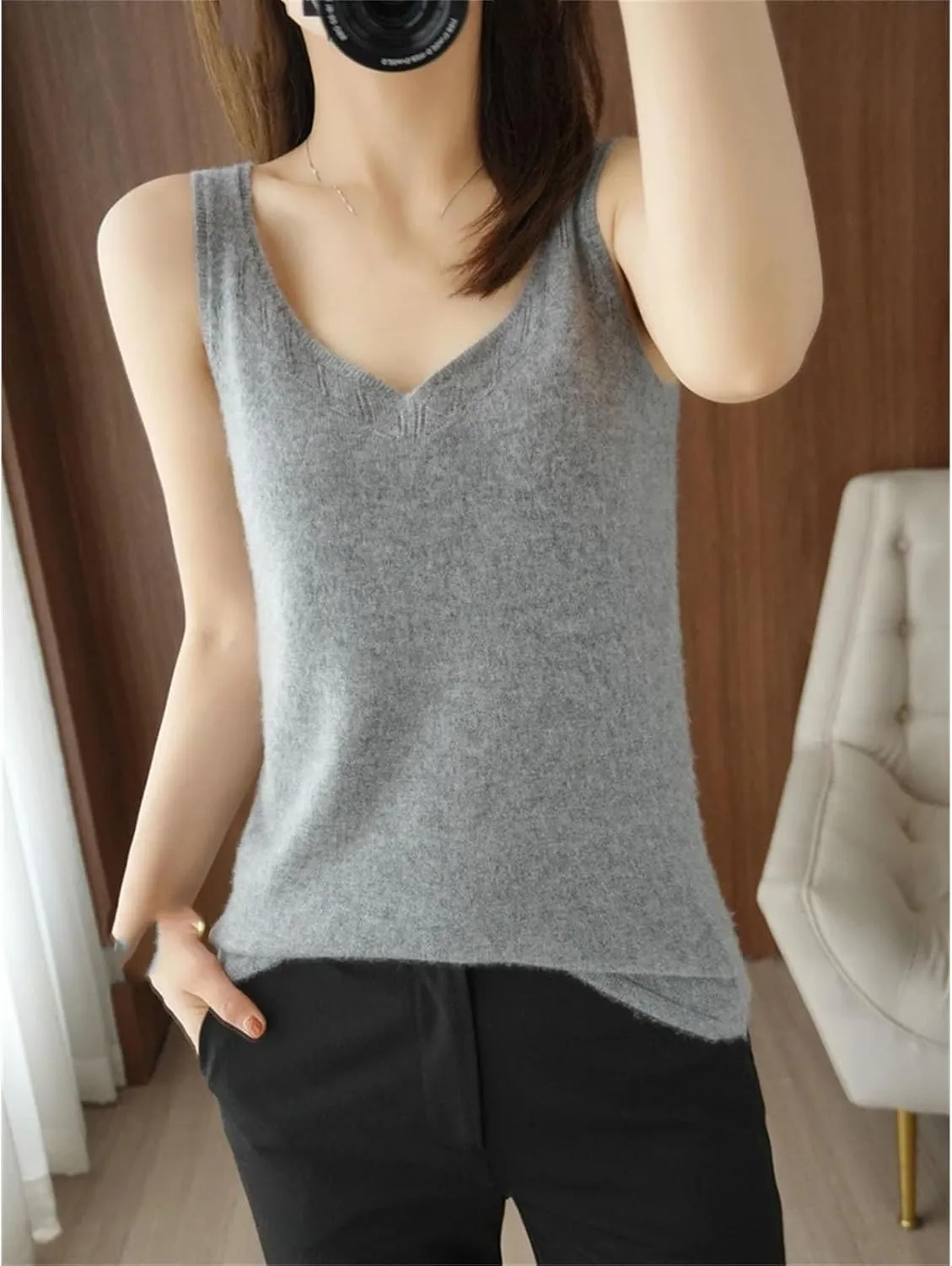 Women Pore Wool V-Neck Vest Cardigan Sleeveless Sweater Soft Simple Style Cashmere Knitwear Camisole