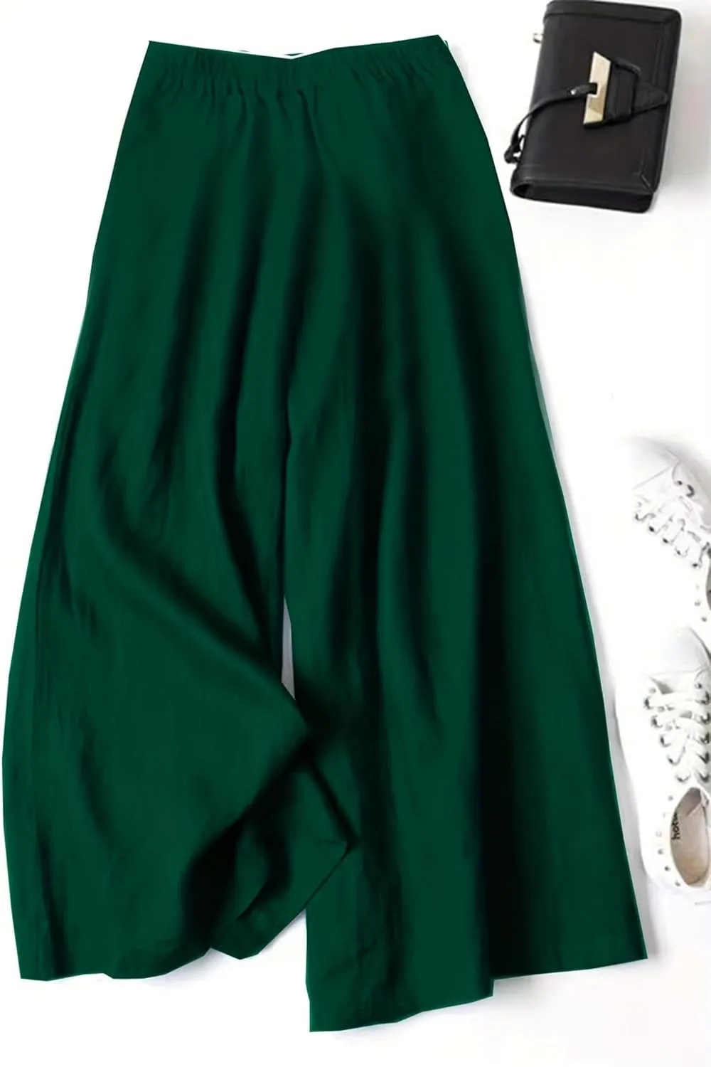 Women' s Culottes Linen Blend Wide Leg Pants Elastic Waist Casual High Waisted Palazzo Trousers with Pockets for Women