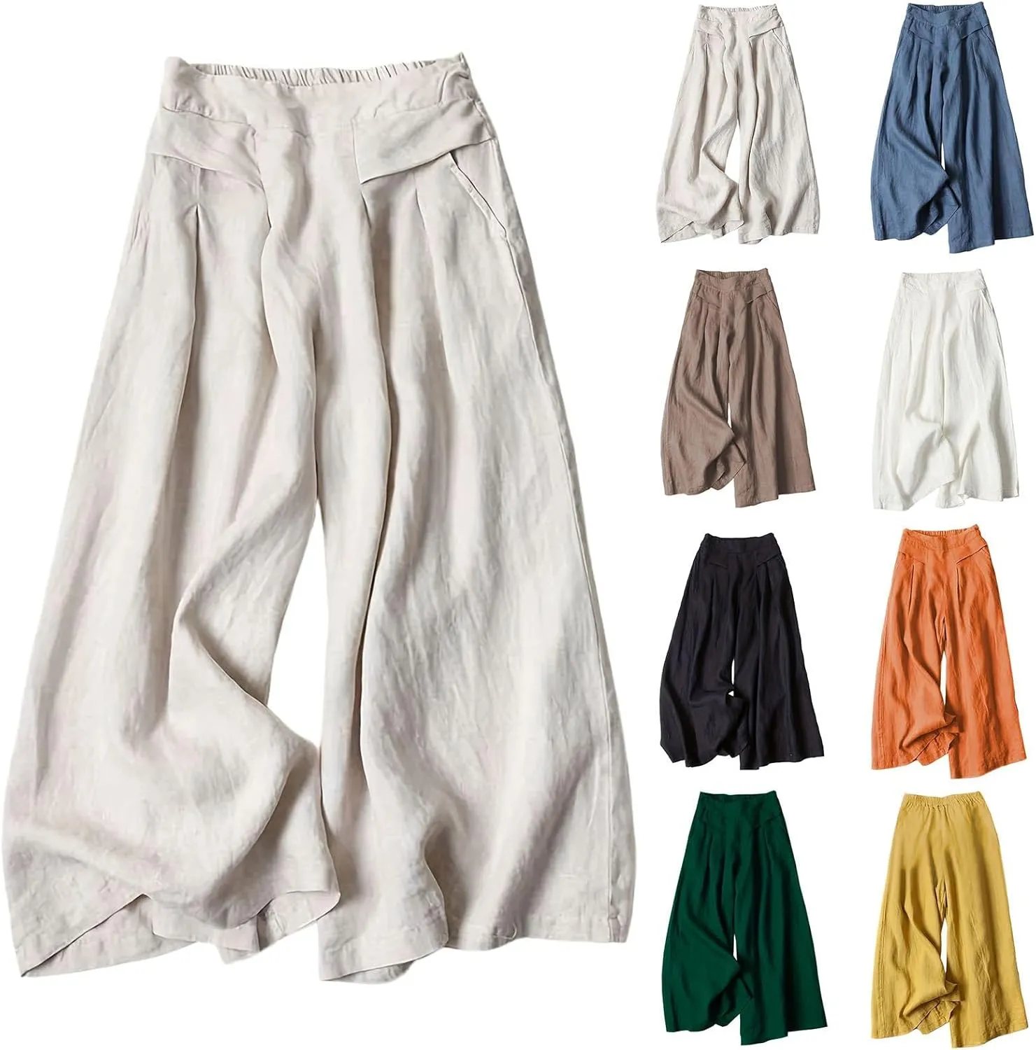 Women' s Culottes Linen Blend Wide Leg Pants Elastic Waist Casual High Waisted Palazzo Trousers with Pockets for Women
