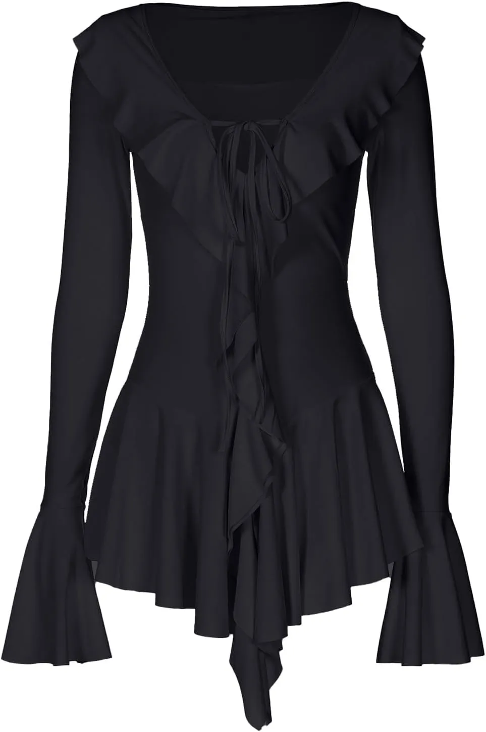 Women Sexy V Neck Tie Front Ruffle Mini Dress Autumn Long Sleeve Casual Slim Fit Solid Womens Fashion Casual