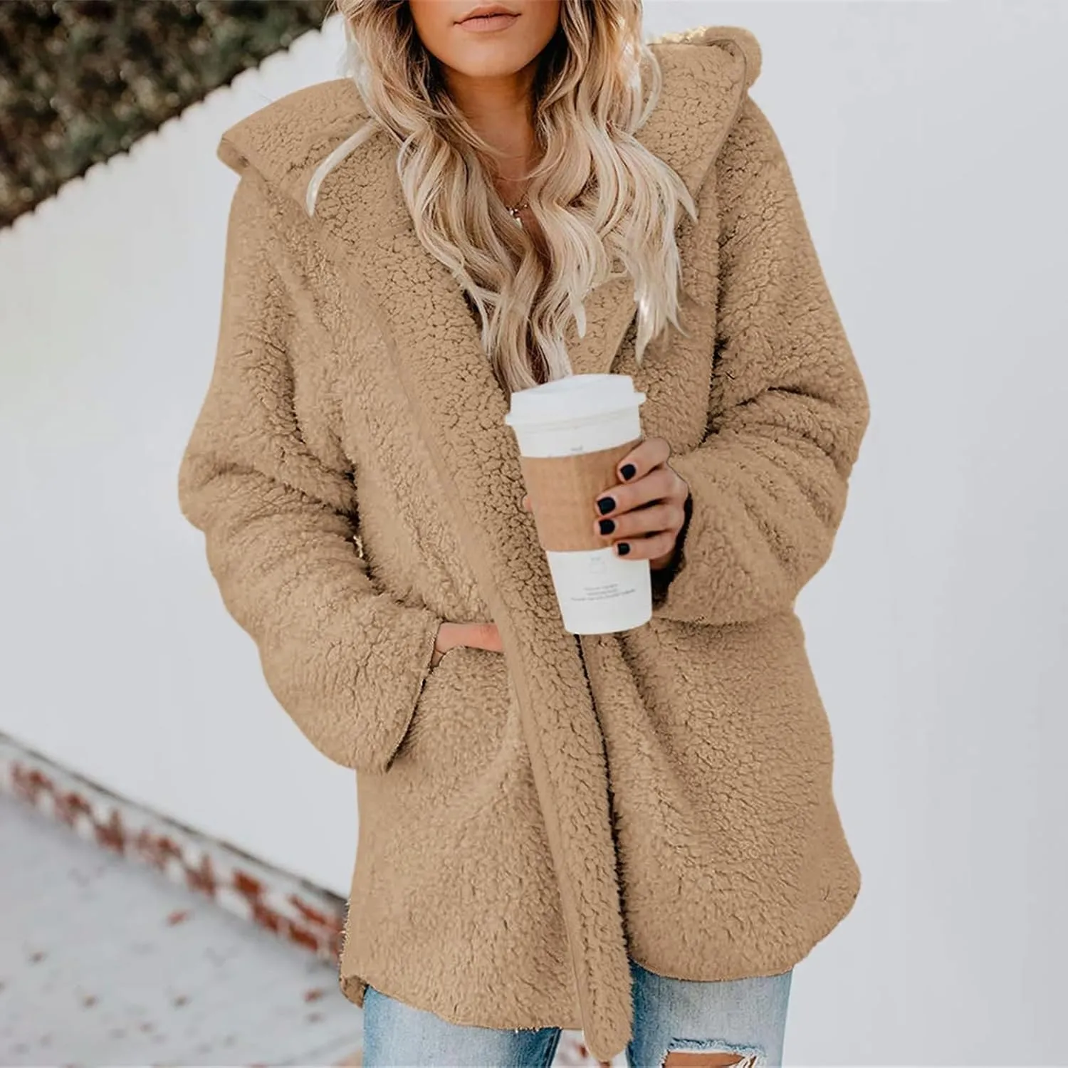 Women Sherpa Jacket Oversized Fleece Jacket Fall Teddy Bear Coat with Pockets Plus Size Open Front Hooded Cardigan