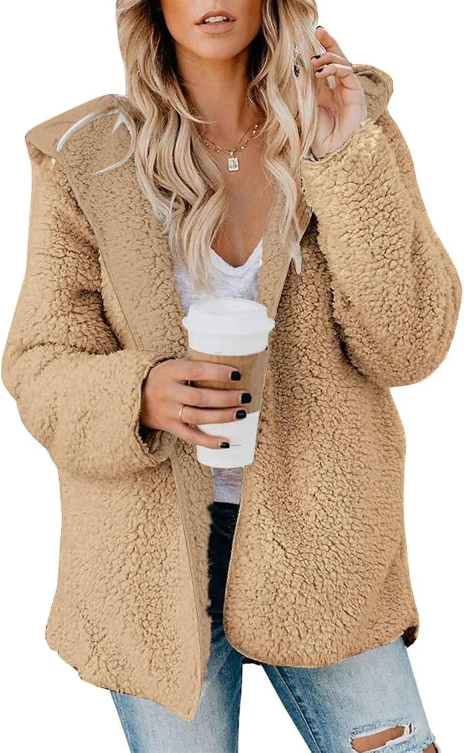 Women Sherpa Jacket Oversized Fleece Jacket Fall Teddy Bear Coat with Pockets Plus Size Open Front Hooded Cardigan