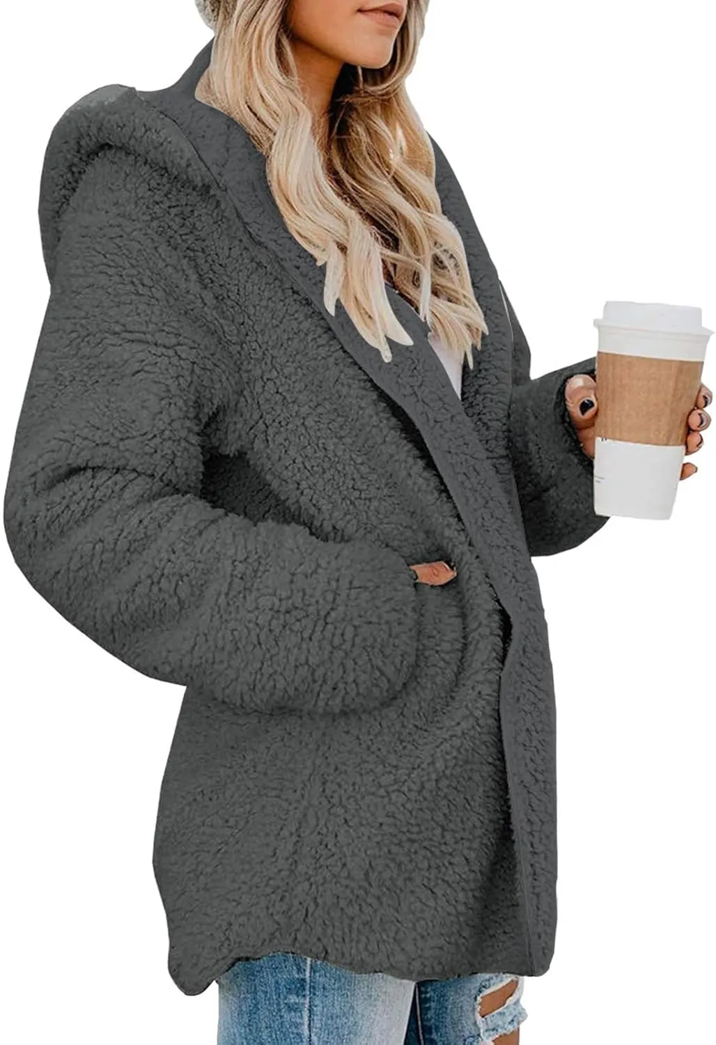 Women Sherpa Jacket Oversized Fleece Jacket Fall Teddy Bear Coat with Pockets Plus Size Open Front Hooded Cardigan