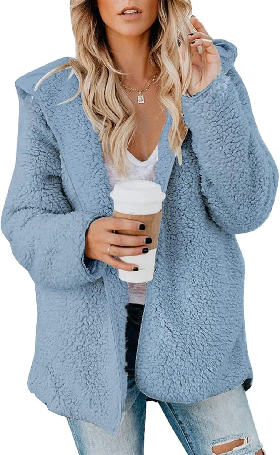 Women Sherpa Jacket Oversized Fleece Jacket Fall Teddy Bear Coat with Pockets Plus Size Open Front Hooded Cardigan