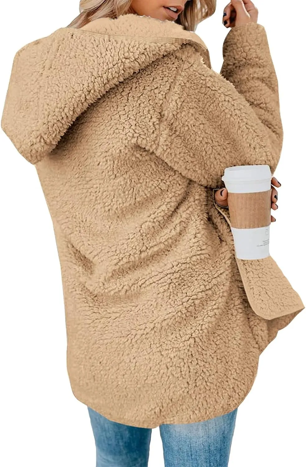 Women Sherpa Jacket Oversized Fleece Jacket Fall Teddy Bear Coat with Pockets Plus Size Open Front Hooded Cardigan