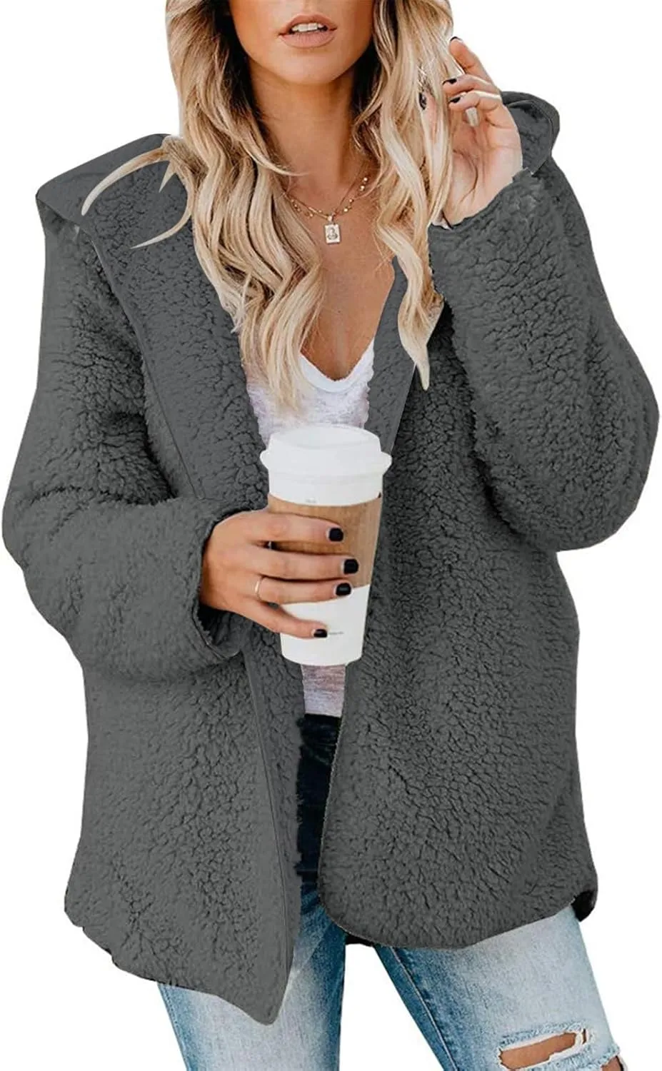 Women Sherpa Jacket Oversized Fleece Jacket Fall Teddy Bear Coat with Pockets Plus Size Open Front Hooded Cardigan
