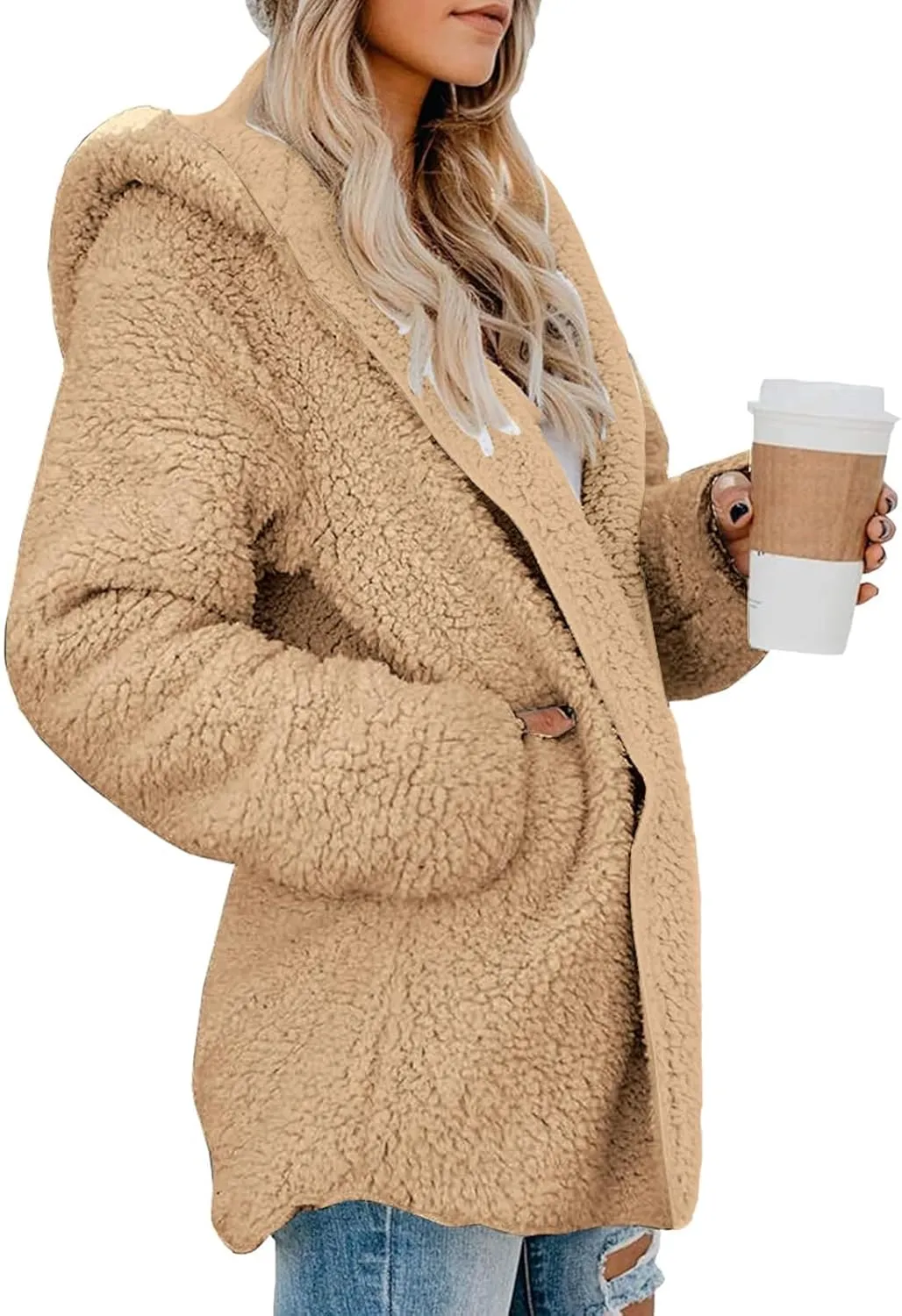 Women Sherpa Jacket Oversized Fleece Jacket Fall Teddy Bear Coat with Pockets Plus Size Open Front Hooded Cardigan