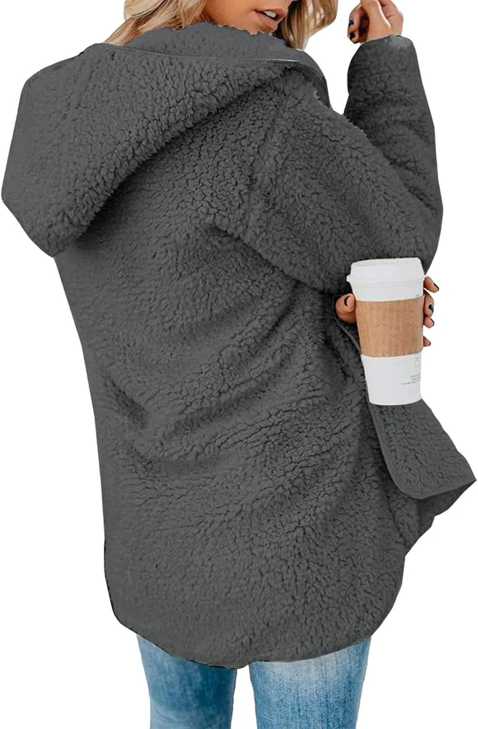 Women Sherpa Jacket Oversized Fleece Jacket Fall Teddy Bear Coat with Pockets Plus Size Open Front Hooded Cardigan