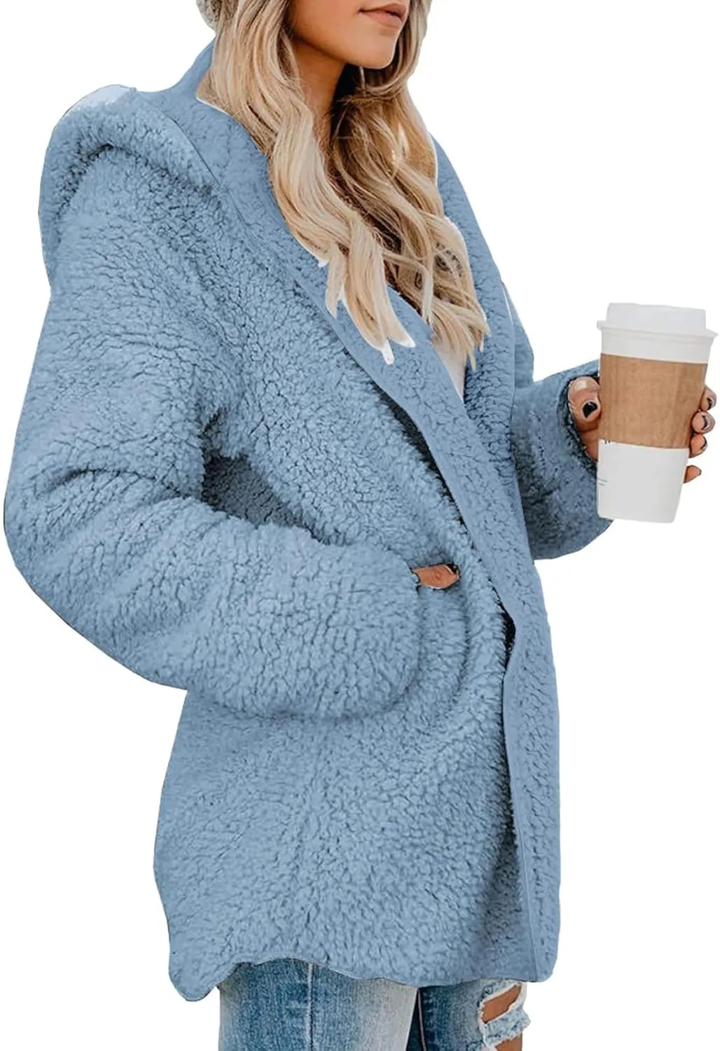 Women Sherpa Jacket Oversized Fleece Jacket Fall Teddy Bear Coat with Pockets Plus Size Open Front Hooded Cardigan