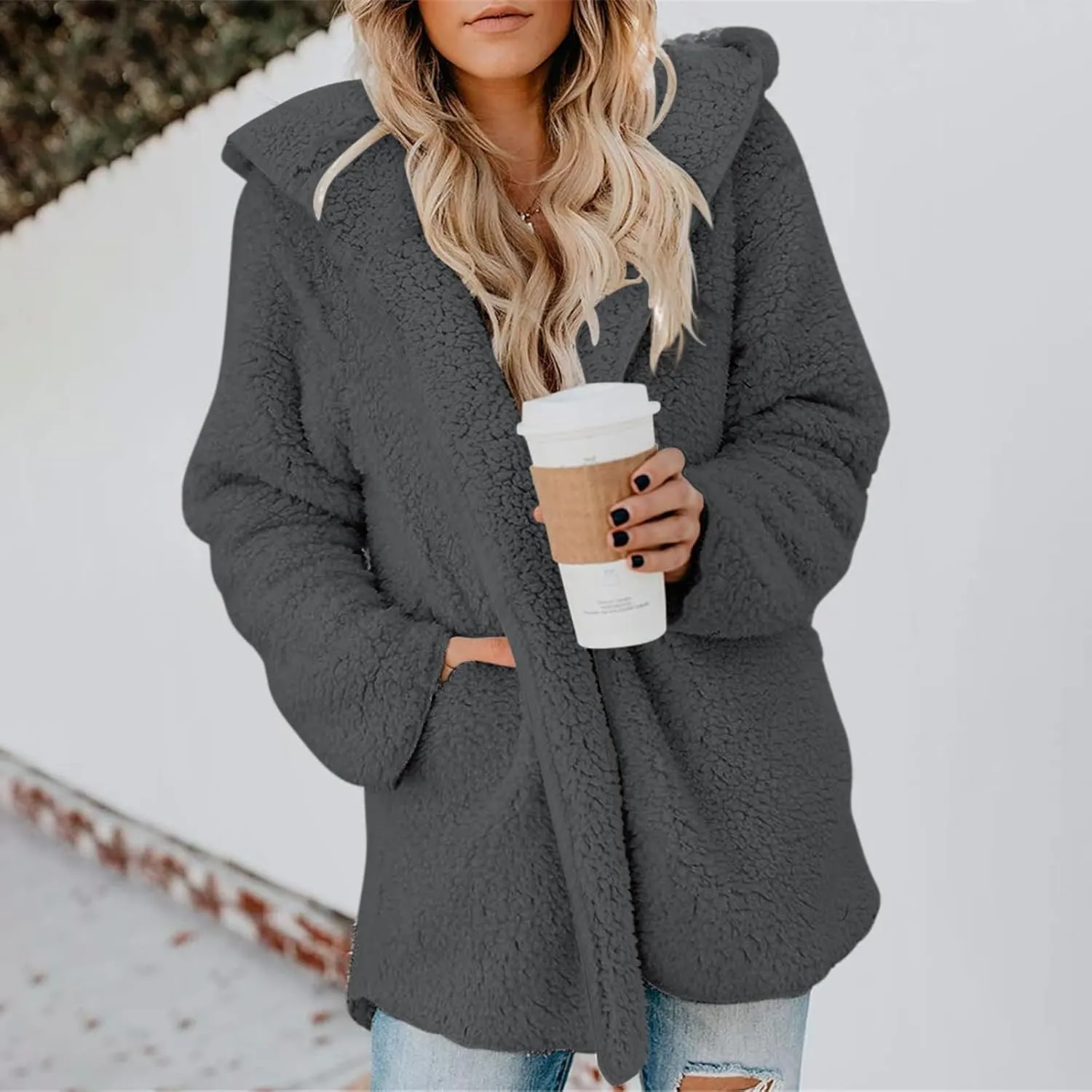 Women Sherpa Jacket Oversized Fleece Jacket Fall Teddy Bear Coat with Pockets Plus Size Open Front Hooded Cardigan