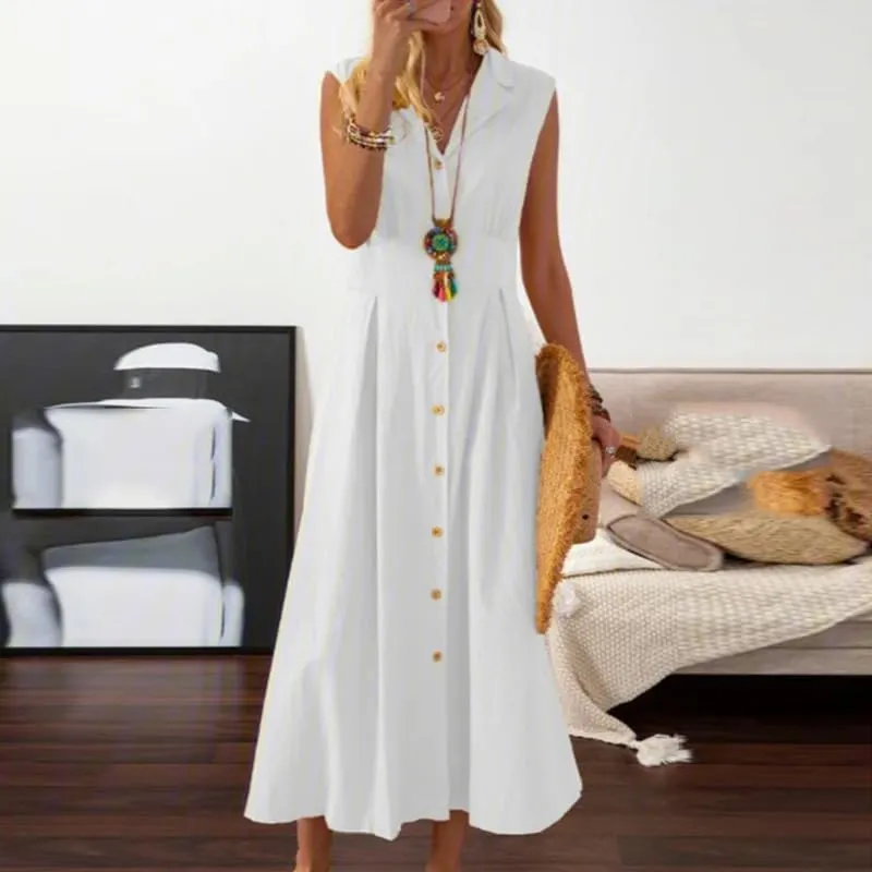 Women Shirt Dress Linen Soft Button Down Sleeveless Lapel V Neck Dress Summer Short Sleeve Midi Dress