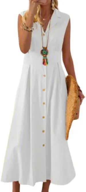 Women Shirt Dress Linen Soft Button Down Sleeveless Lapel V Neck Dress Summer Short Sleeve Midi Dress