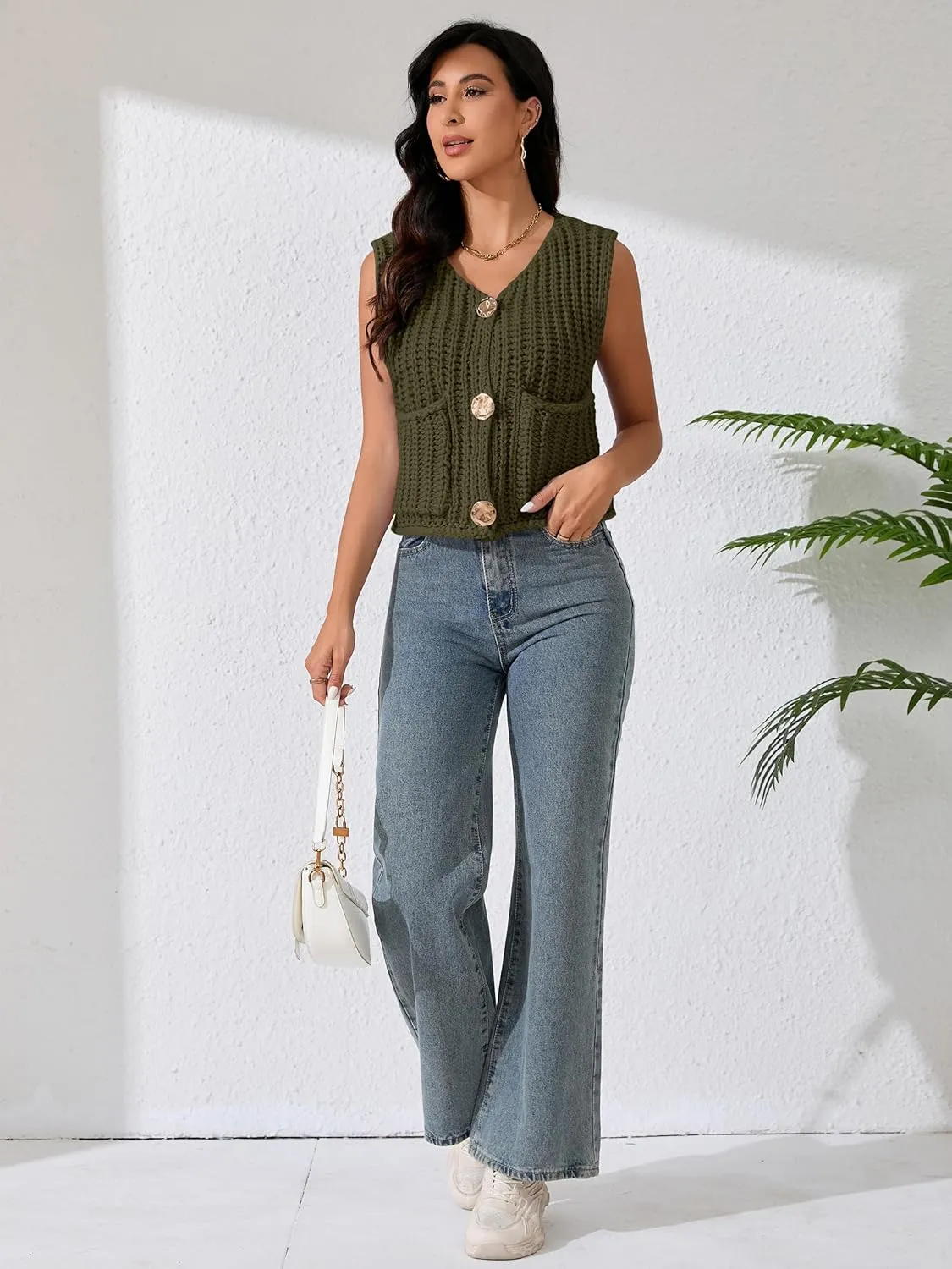 Women Sleeveless Knit Sweater Vest Crochet Chunky Button Down Cardigan Crop Vests Tops with Pockets