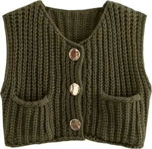 Women Sleeveless Knit Sweater Vest Crochet Chunky Button Down Cardigan Crop Vests Tops with Pockets