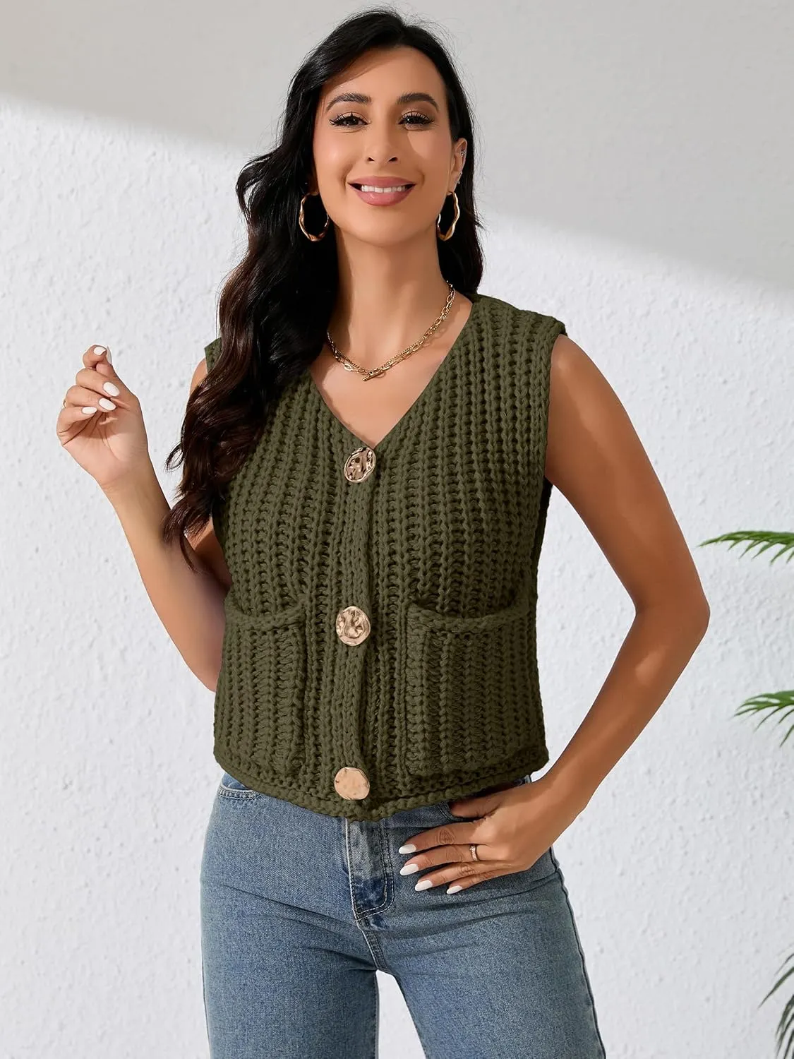Women Sleeveless Knit Sweater Vest Crochet Chunky Button Down Cardigan Crop Vests Tops with Pockets