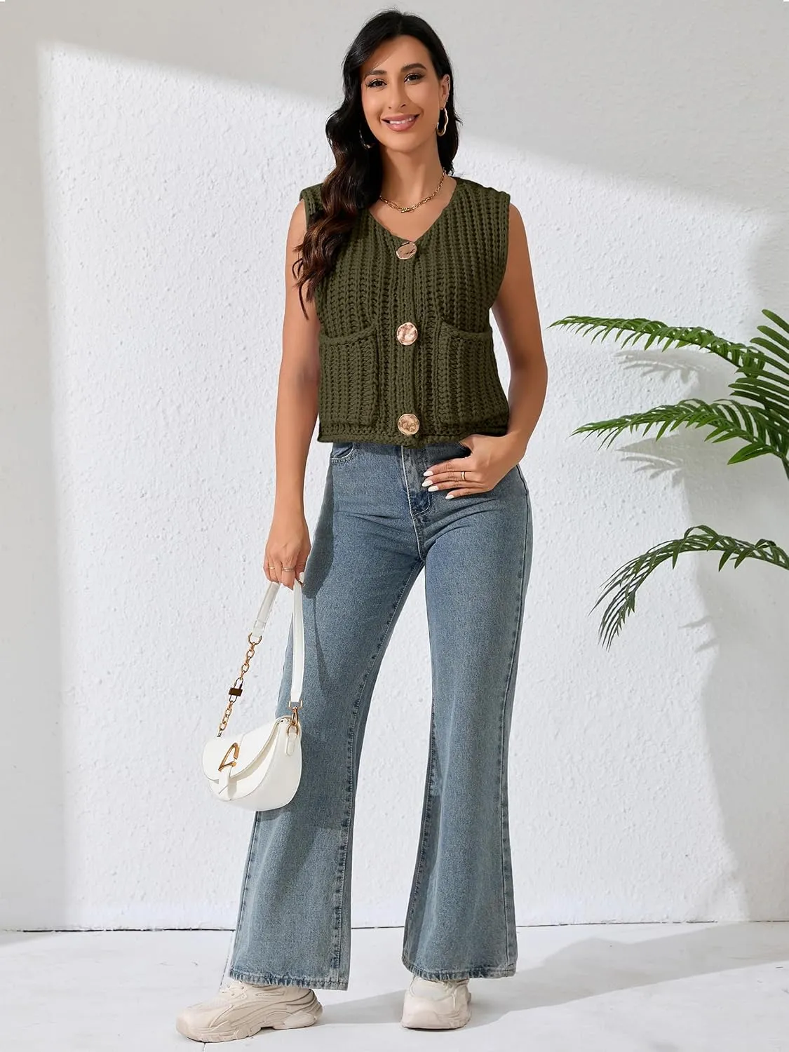 Women Sleeveless Knit Sweater Vest Crochet Chunky Button Down Cardigan Crop Vests Tops with Pockets
