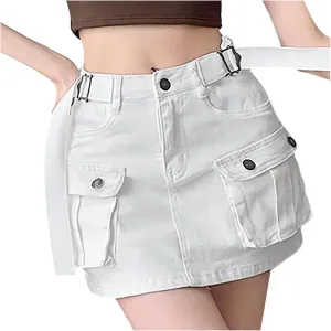 Women Soild Mini Cargo Skirt Low Waist Short Denim Jean Skirt 3 Piece Suit Women Office