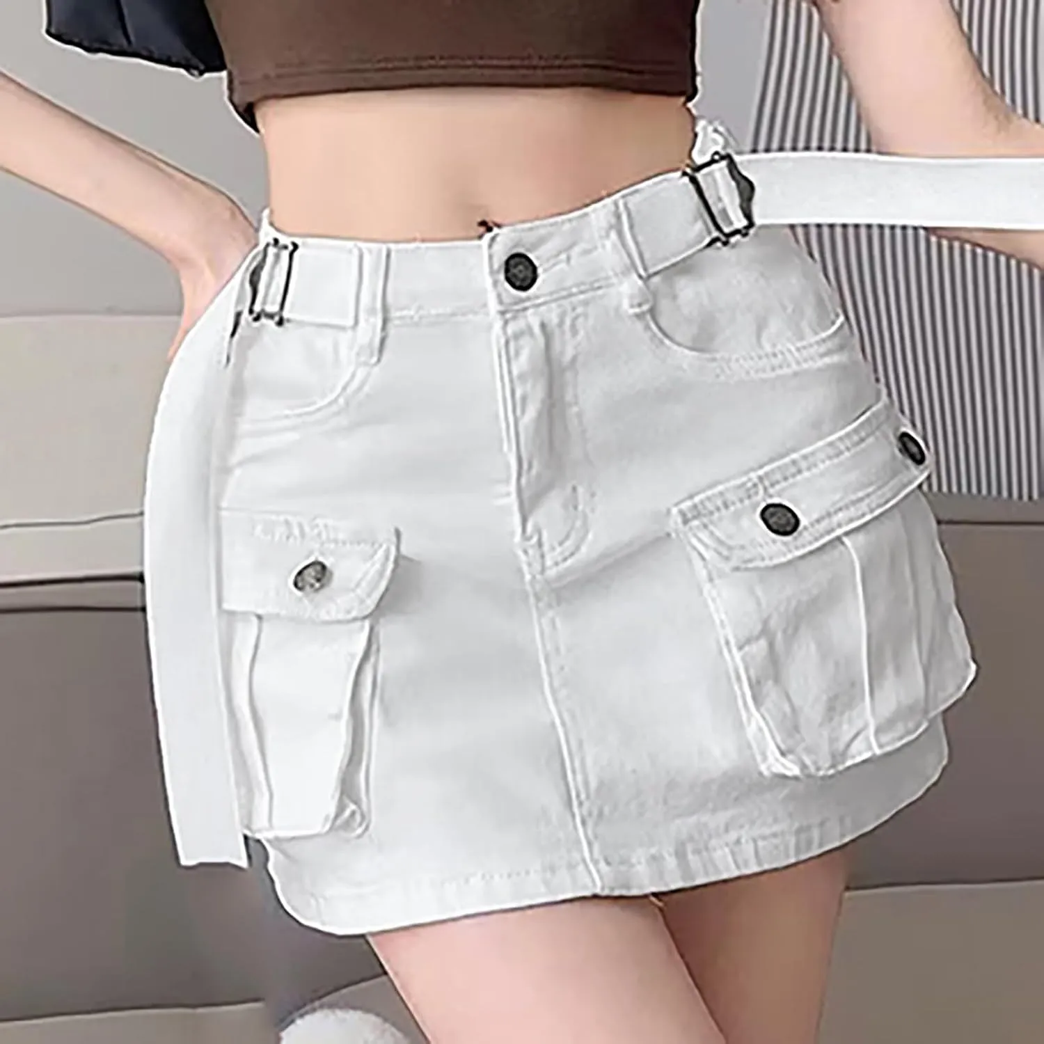 Women Soild Mini Cargo Skirt Low Waist Short Denim Jean Skirt 3 Piece Suit Women Office