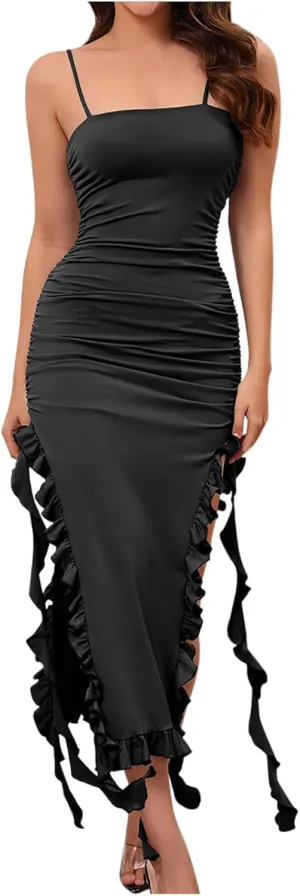 Women Spaghetti Strap Dresses Bodycon Tube Dress Sexy Lace Ruffle Wedding Cocktail Midi Dresses Club Party Dress