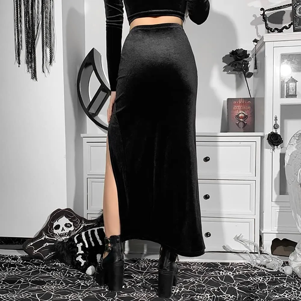 Women Steampunk Gothic Skirt Chain Belt High Slit Long Maxi Rave Punk Goth Alt Skirts Festival Clothing