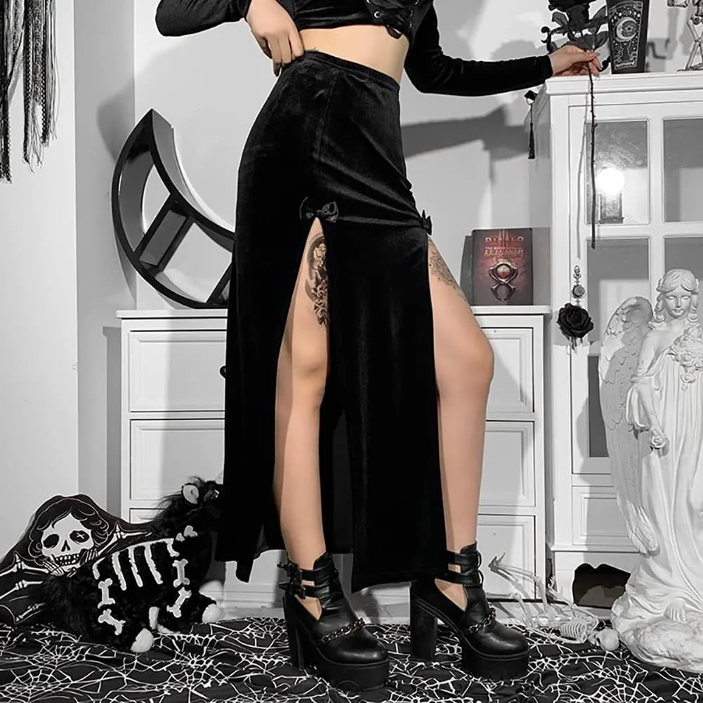 Women Steampunk Gothic Skirt Chain Belt High Slit Long Maxi Rave Punk Goth Alt Skirts Festival Clothing