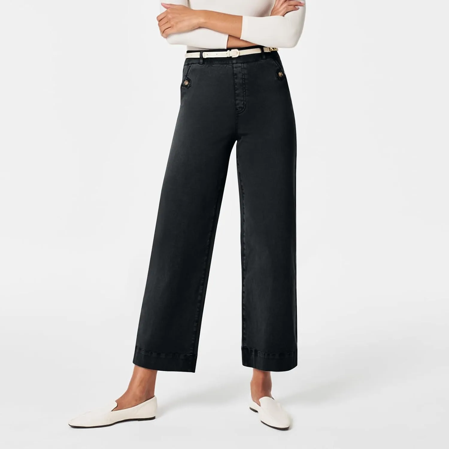 Women Stretch Twill Cropped Wide Leg Pant High Waist Straight Leg Chino Pants Casual Capri Pants Ankle Jeans