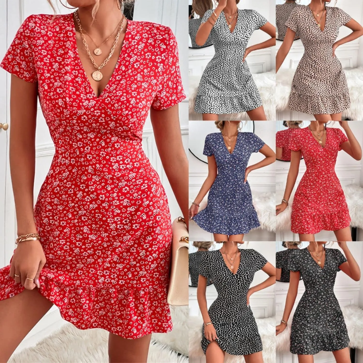 Women Summer Dresses Floral V-Neck Ruffle Hem Dress Short Sleeve Wrap Mini Dress Party Elegant Vintage A Line Dress